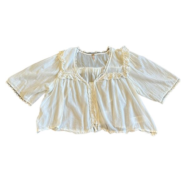 Free People Luna White Bohemian Blouse Short Sleeve Flowy Cropped Lace Medium - Picture 2 of 13